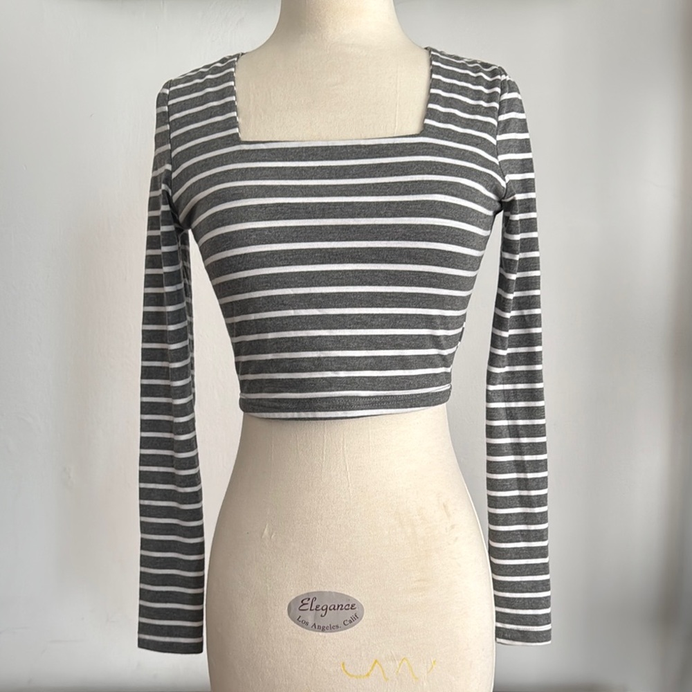 SHEIN Gray & White Striped Square-Neck Cropped Long-Sleeve Top